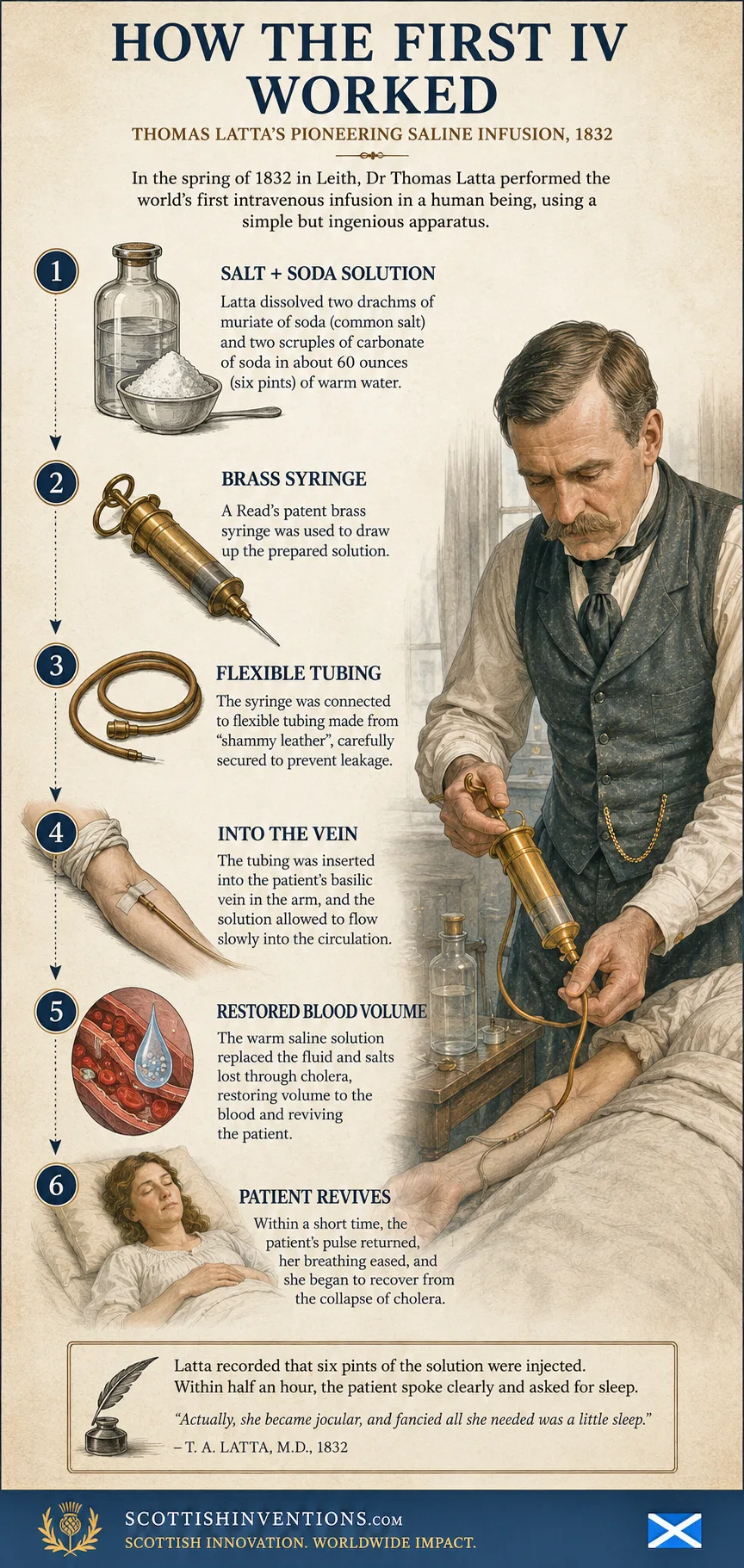 How the first IV worked: brass syringe, salt and soda solution, shammy leather tubing and basilic vein cannula