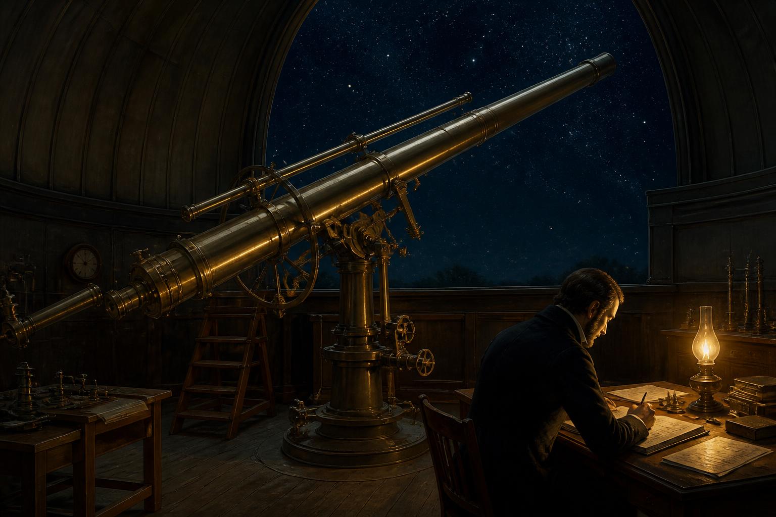 A Victorian observatory dome at night with a large brass refracting telescope and an astronomer recording stellar positions by lamplight.