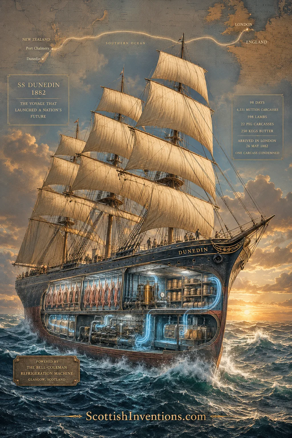 SS Dunedin — 1882 Refrigerated Voyage Cutaway illustration of the SS Dunedin carrying refrigerated meat using the Bell-Coleman refrigeration system during its historic 1882 voyage from New Zealand to Britain.