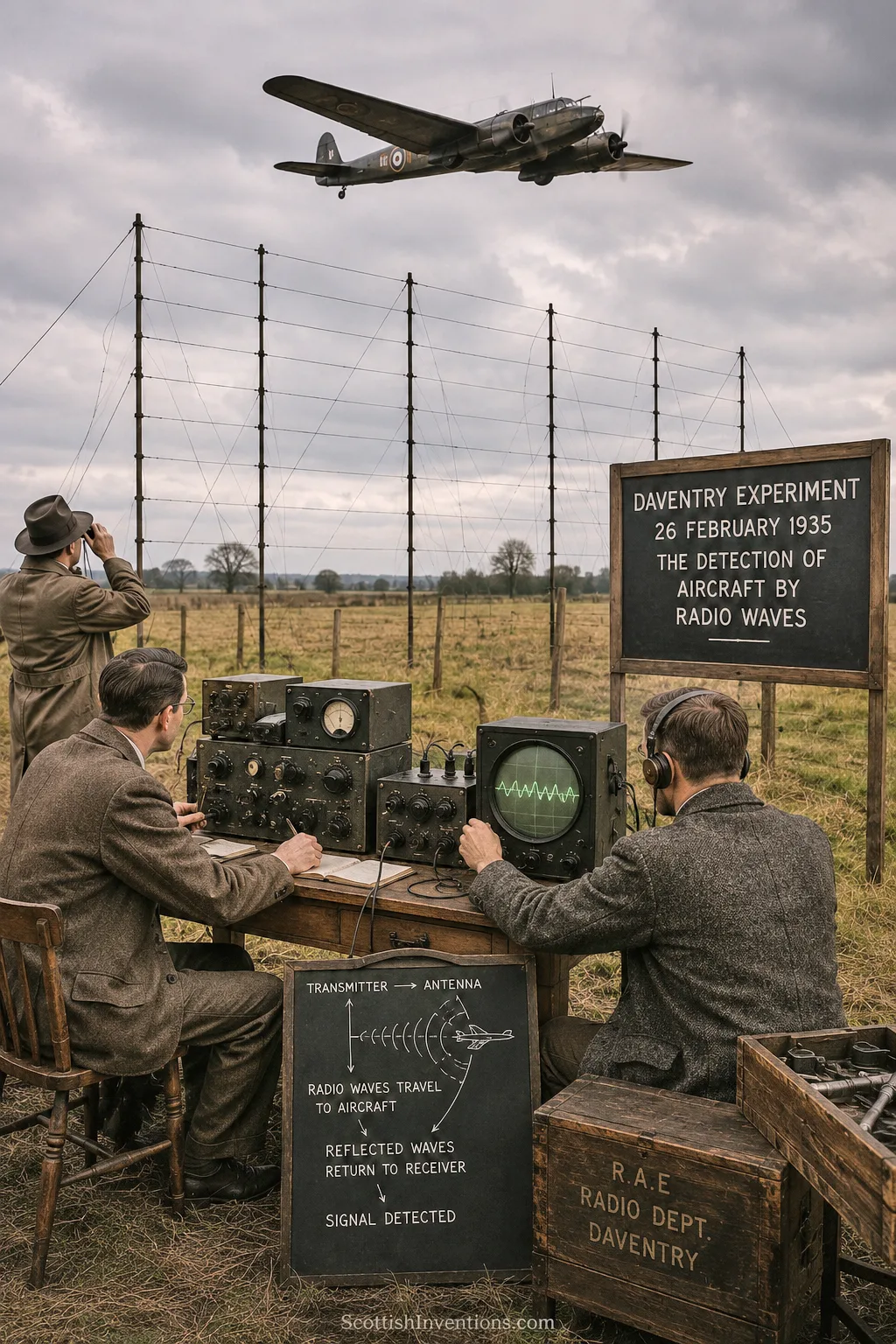 The Daventry Experiment of 26 February 1935 — scientists with vintage radio equipment and a cathode-ray oscilloscope tracking a Handley Page Heyford bomber overhead, with explanatory blackboards describing the detection of aircraft by radio waves