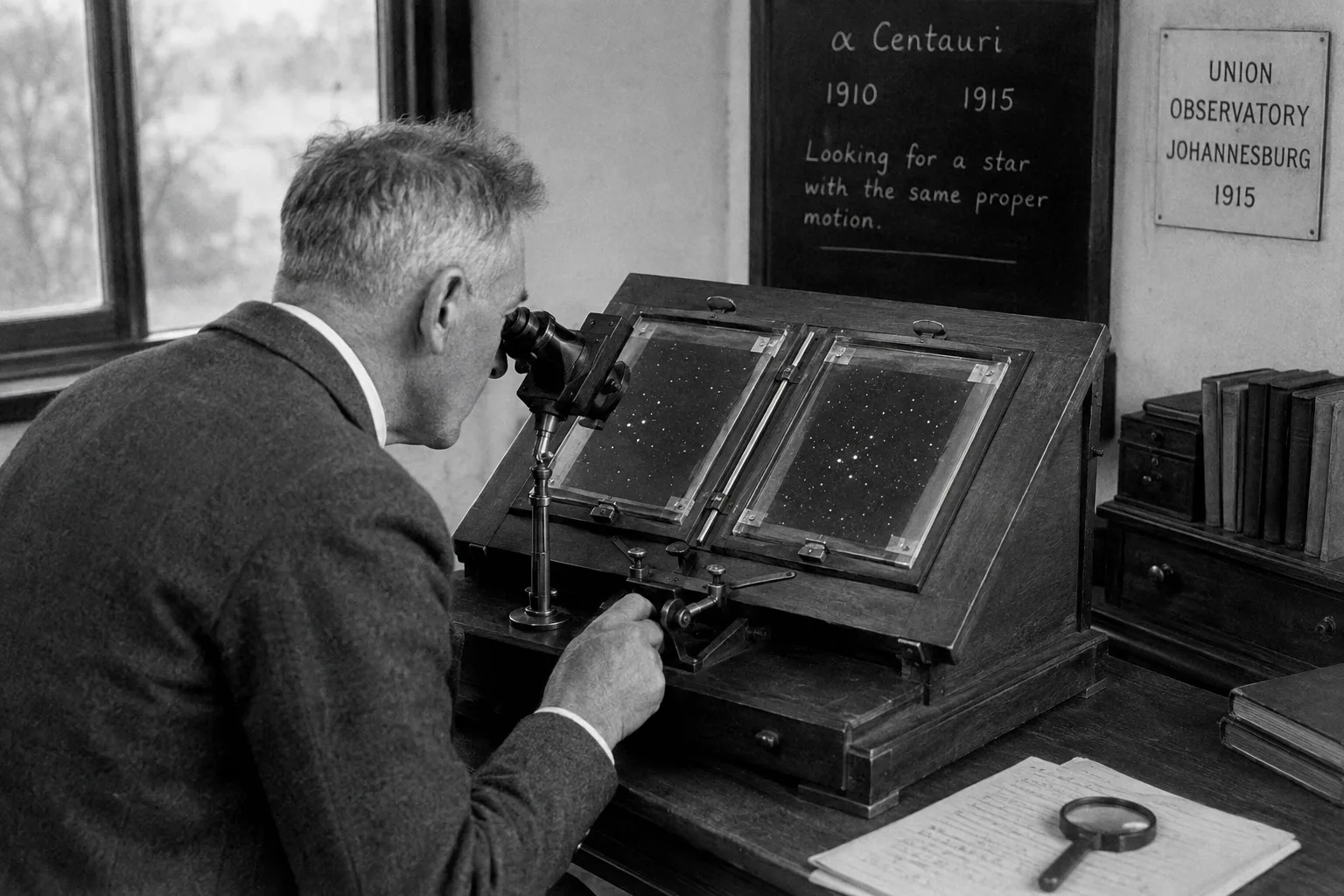 Robert Innes using a blink comparator at the Union Observatory, Johannesburg, in 1915, comparing photographic plates to identify a faint star sharing Alpha Centauri's proper motion.