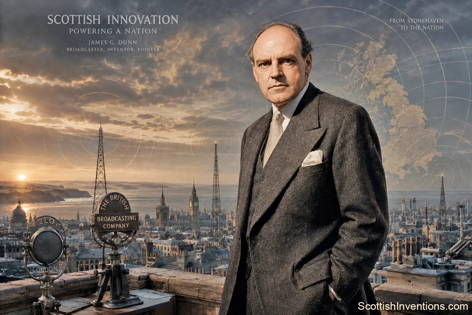 John Reith, Scottish engineer and founding Director-General of the BBC, in a portrait above 1920s London with the 2LO microphone and Marconi House