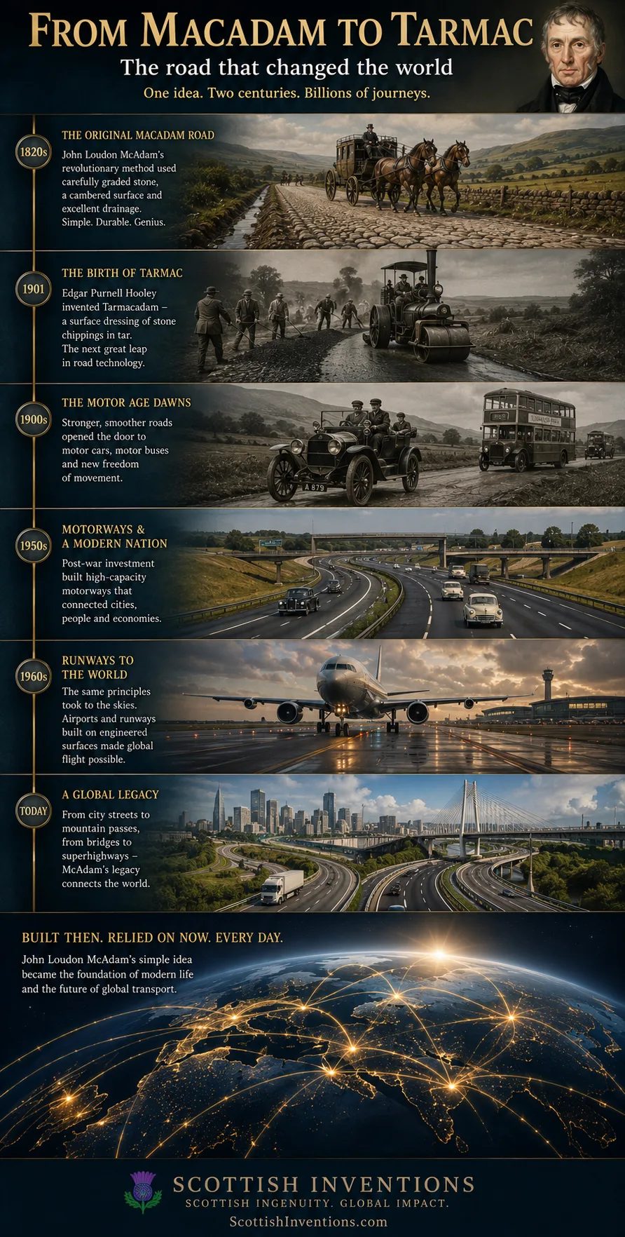 Modern roads highways and airport runways descended from John Loudon McAdam's invention