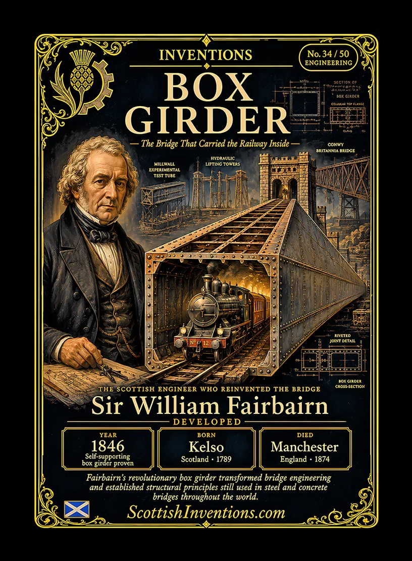 Box Girder / Box Girder Back — Scottish Inventions Collection Box Girder collectible card — Sir William Fairbairn, born Kelso Scotland 1789, died Manchester England 1874, developer of the self-supporting wrought-iron box girder, pioneer of Britannia Bridge engineering, Scottish Inventions Collection No. 34 of 50.