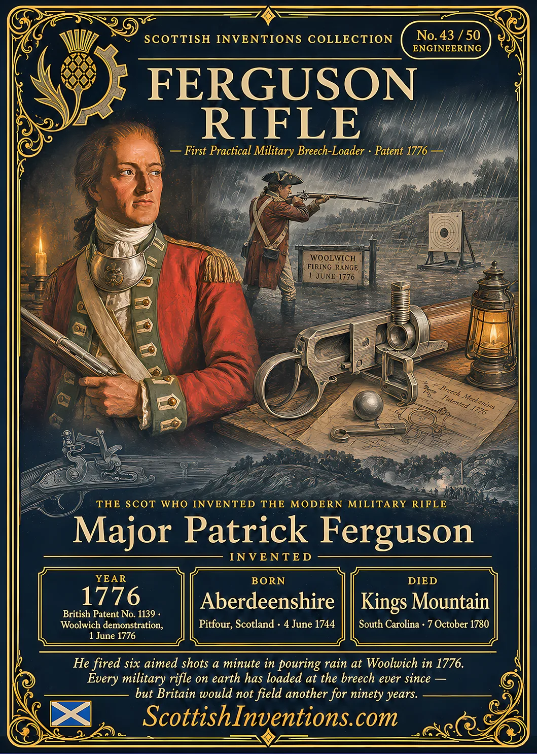 The Ferguson Rifle / The Ferguson Rifle Back — Scottish Inventions Collection The Ferguson Rifle collectible card — Major Patrick Ferguson's revolutionary breech-loading rifle, patented and demonstrated in 1776, capable of rapid loading and firing in wet conditions decades ahead of its time, Scottish Inventions Collection No. 43 of 50