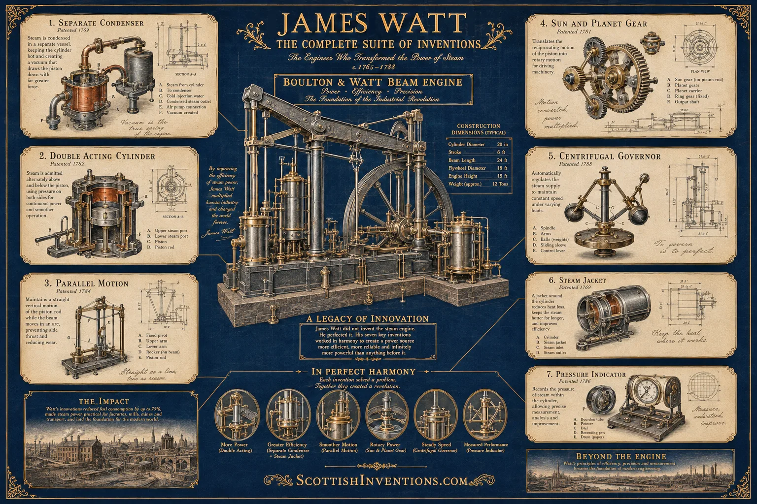 A Suite of Inventions James Watt engineering innovations infographic