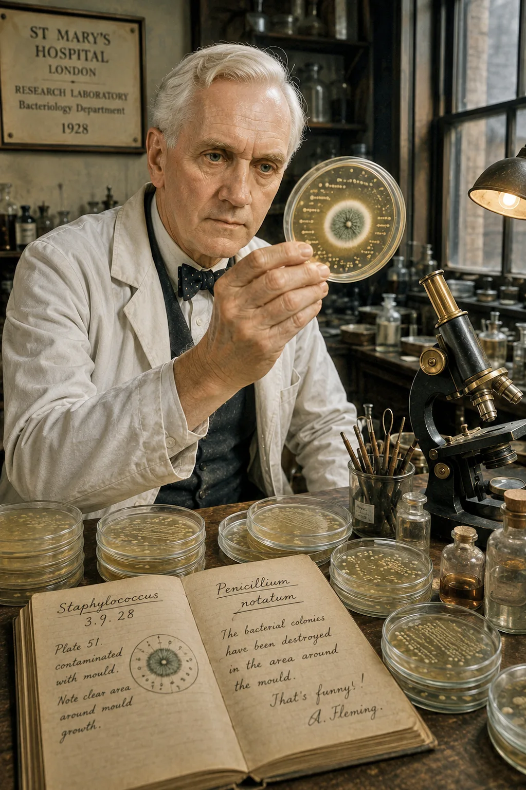 Alexander Fleming holding the contaminated Petri dish at St Mary's Hospital London in 1928 — the dish that revealed penicillin