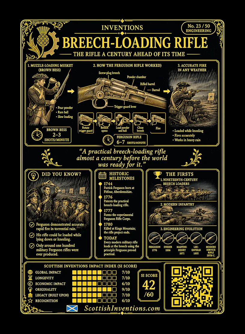 The Ferguson Rifle / The Ferguson Rifle Back back — Scottish Inventions Collection The Ferguson Rifle card reverse — comparison showing the advantages of Ferguson's breech-loading rifle over the Brown Bess musket, with timeline from the 1776 Woolwich demonstration to the later adoption of breech-loading military rifles