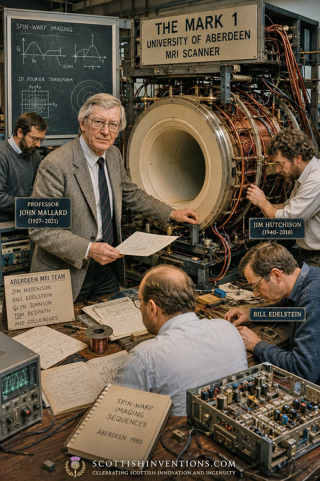 Jim Hutchison Bill Edelstein and John Mallard with the Mark 1 spin-warp MRI scanner at the University of Aberdeen