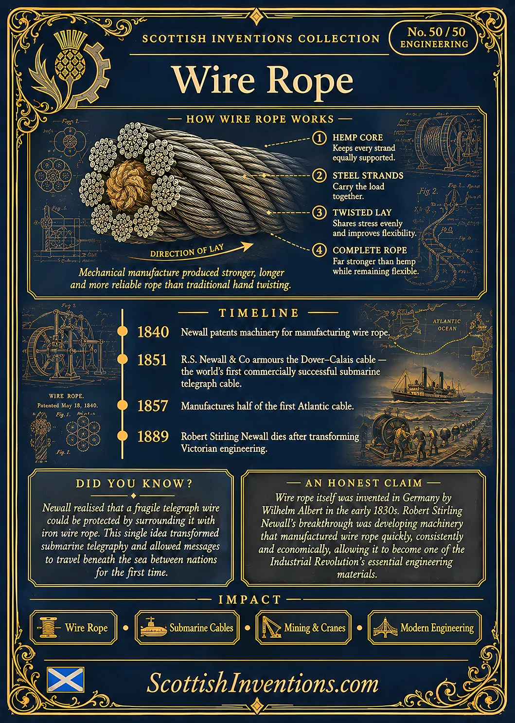 Wire Rope Back — Scottish Inventions Collection Wire Rope card reverse — engineering diagram explaining the construction of wire rope with hemp core and twisted steel strands, Robert Stirling Newall timeline from 1840 patent to the first Atlantic cable, plus historical context explaining his industrialisation of wire-rope manufacture.