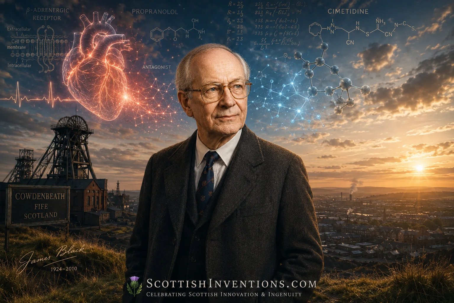 Sir James Black overlooking the Fife coalfields with molecular diagrams of propranolol and cimetidine illustrating his revolutionary drug discoveries.