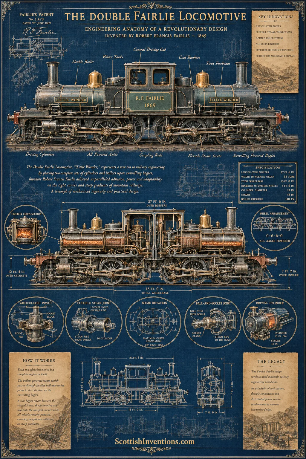 The Double Fairlie Locomotive — Engineering Anatomy Engineering diagram showing the articulated Double Fairlie locomotive with swivelling bogies, boilers and powered axles.