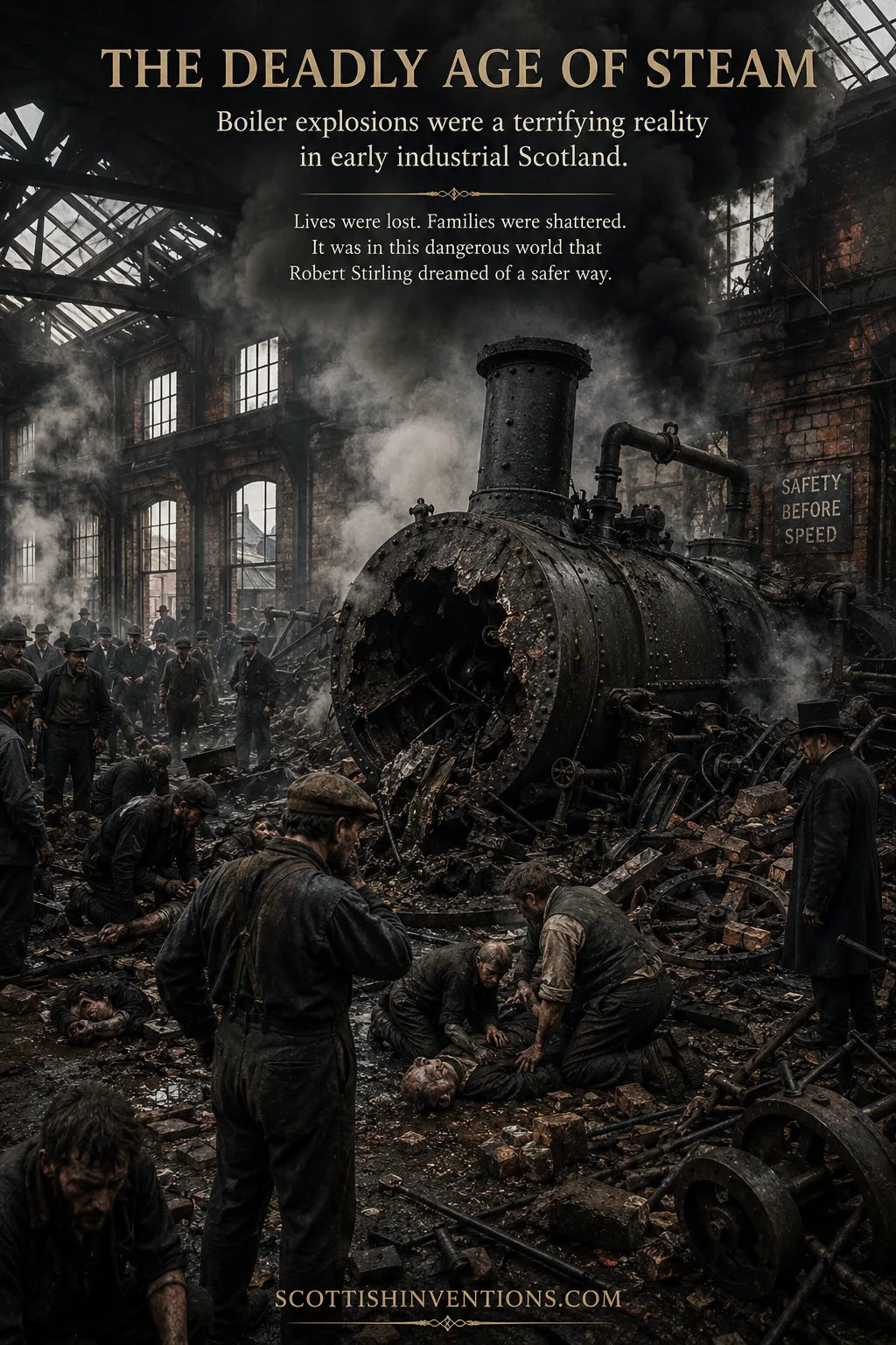A ruptured Victorian steam boiler in a Scottish industrial hall, with injured workers on the ground — the deadly reality of early 19th-century steam power
