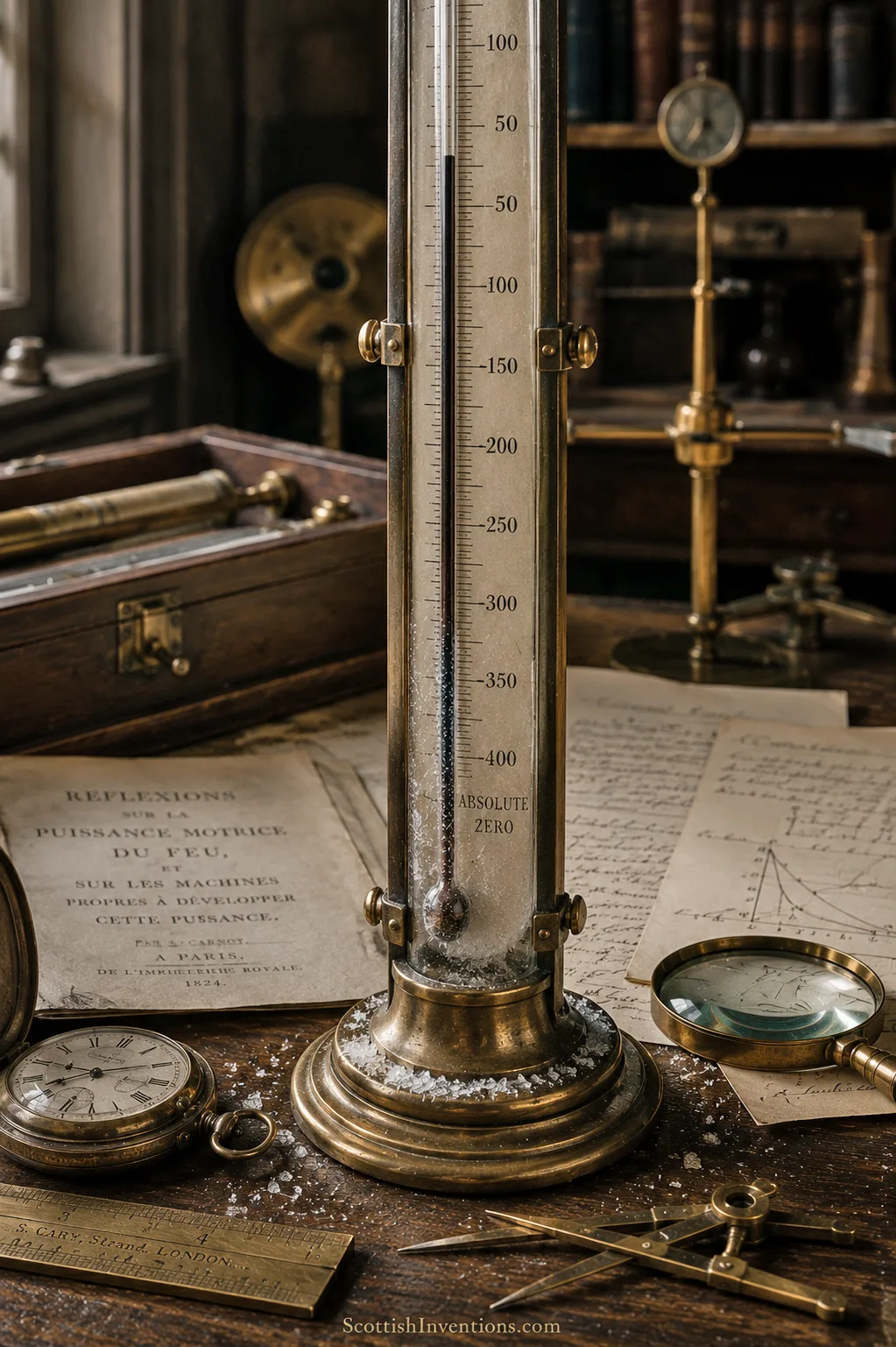 A Victorian brass laboratory thermometer graduated past minus 400 with a marker reading Absolute Zero, beside Carnot's 1824 Réflexions and frost-dusted instruments.