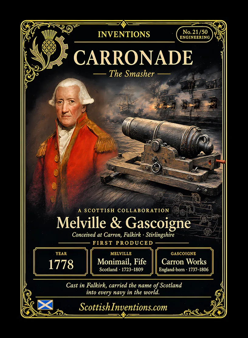 Carronade — Scottish Inventions Collection Carronade collectible card — Melville and Gascoigne, conceived Monimail Fife Scotland 1723, first produced at Carron Ironworks Falkirk 1778, the short naval cannon nicknamed The Smasher that helped win Trafalgar, Scottish Inventions Collection No. 21 of 50