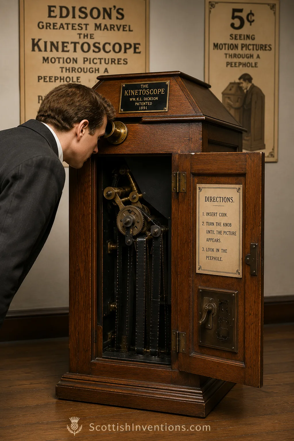 The Kinetoscope peephole viewer that allowed individuals to watch early motion pictures one person at a time.