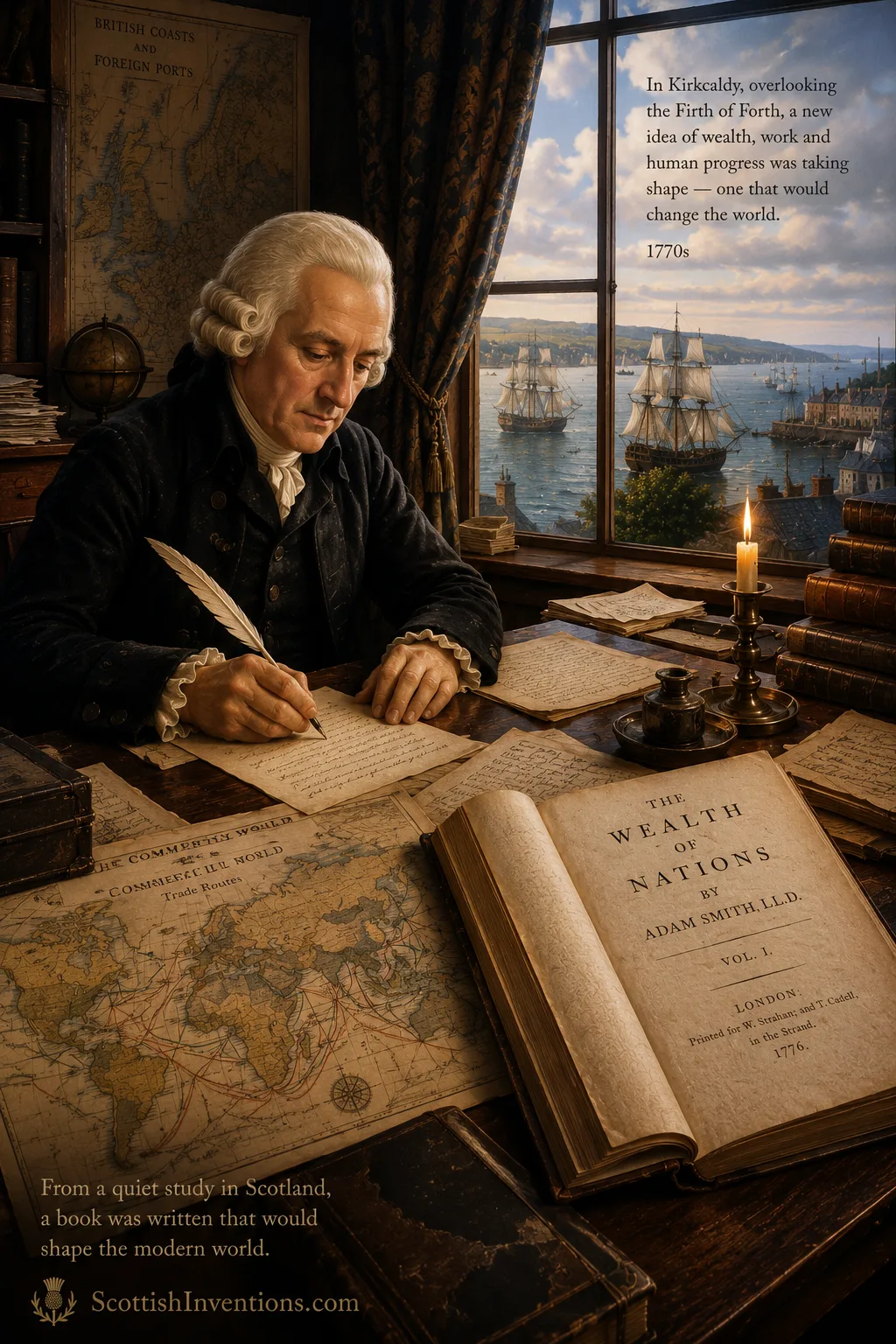 Adam Smith writing The Wealth of Nations in his Kirkcaldy study overlooking the Firth of Forth in the 1770s