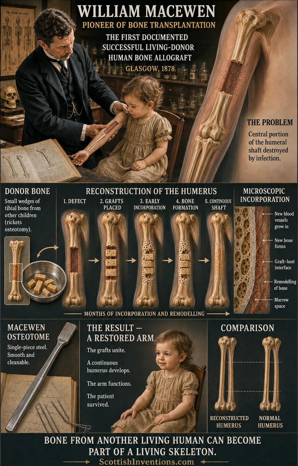 Infographic depicting Macewen's 1878 bone allograft: tibial bone from a child with rickets used to reconstruct another child's infection-damaged humerus
