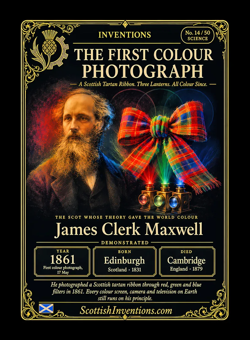 The First Colour Photograph / The First Colour Photograph Back — Scottish Inventions Collection The First Colour Photograph collectible card — James Clerk Maxwell, born Edinburgh Scotland 1831, died Cambridge England 1879, demonstrated the world's first durable colour photograph at the Royal Institution London on 17 May 1861 using three coloured filters and three magic lantern projectors with a Scottish tartan ribbon as the subject, Scottish Inventions Collection No. 14 of 50