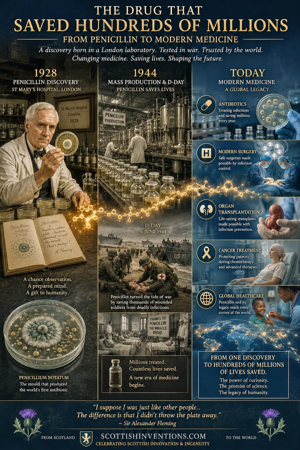 Infographic — from Fleming's 1928 penicillin discovery to D-Day mass production to modern medicine, the drug that saved hundreds of millions of lives