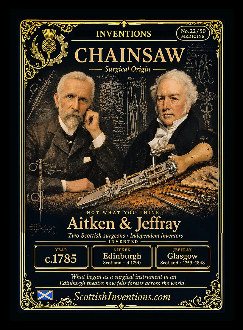 Chainsaw — Scottish Inventions Collection Chainsaw collectible card — Aitken and Jeffray, Scottish surgeons, invented the chainsaw for surgery c.1785, Scottish Inventions Collection No. 22 of 50