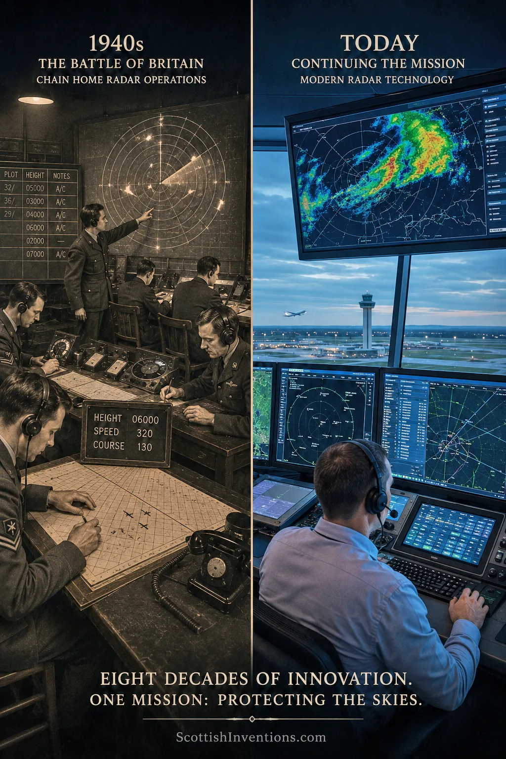 Split-screen radar legacy — on the left, 1940s Battle of Britain RAF plotters at a Chain Home operations room; on the right, a modern air traffic control tower with weather radar and screens, captioned 'Eight Decades of Innovation. One Mission: Protecting the Skies.'
