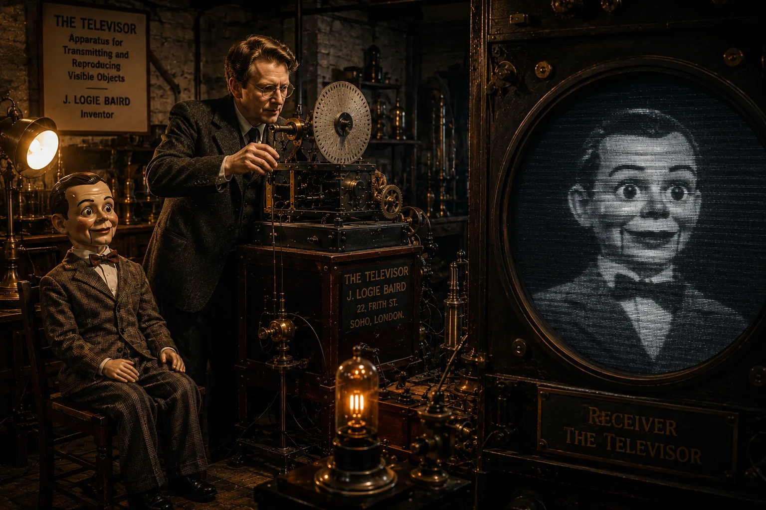 John Logie Baird adjusting his Televisor apparatus beside Stooky Bill, the ventriloquist's dummy that became the first recognisable face on television in October 1925