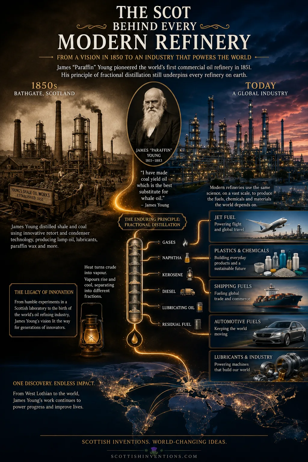 Modern oil refineries and petrochemical industries descended from James Young's pioneering work