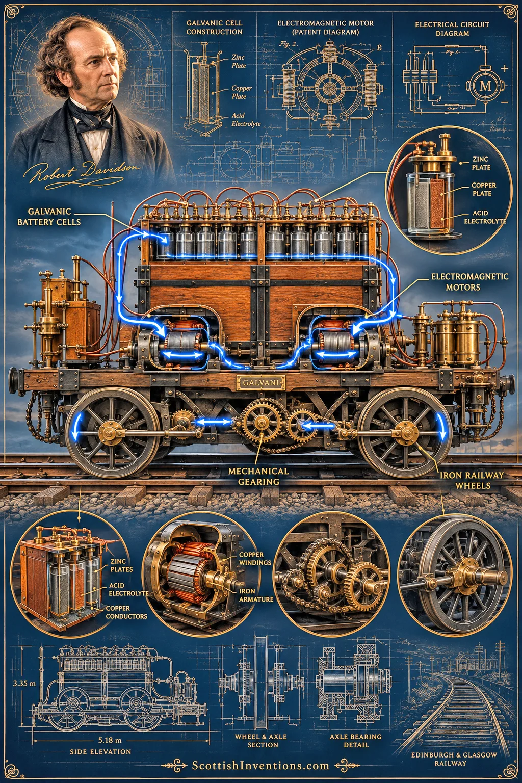 Galvani Electric Locomotive — Technical Cutaway (1842) Technical cutaway diagram showing the Galvani electric locomotive with galvanic batteries, electromagnetic motors and mechanical transmission.