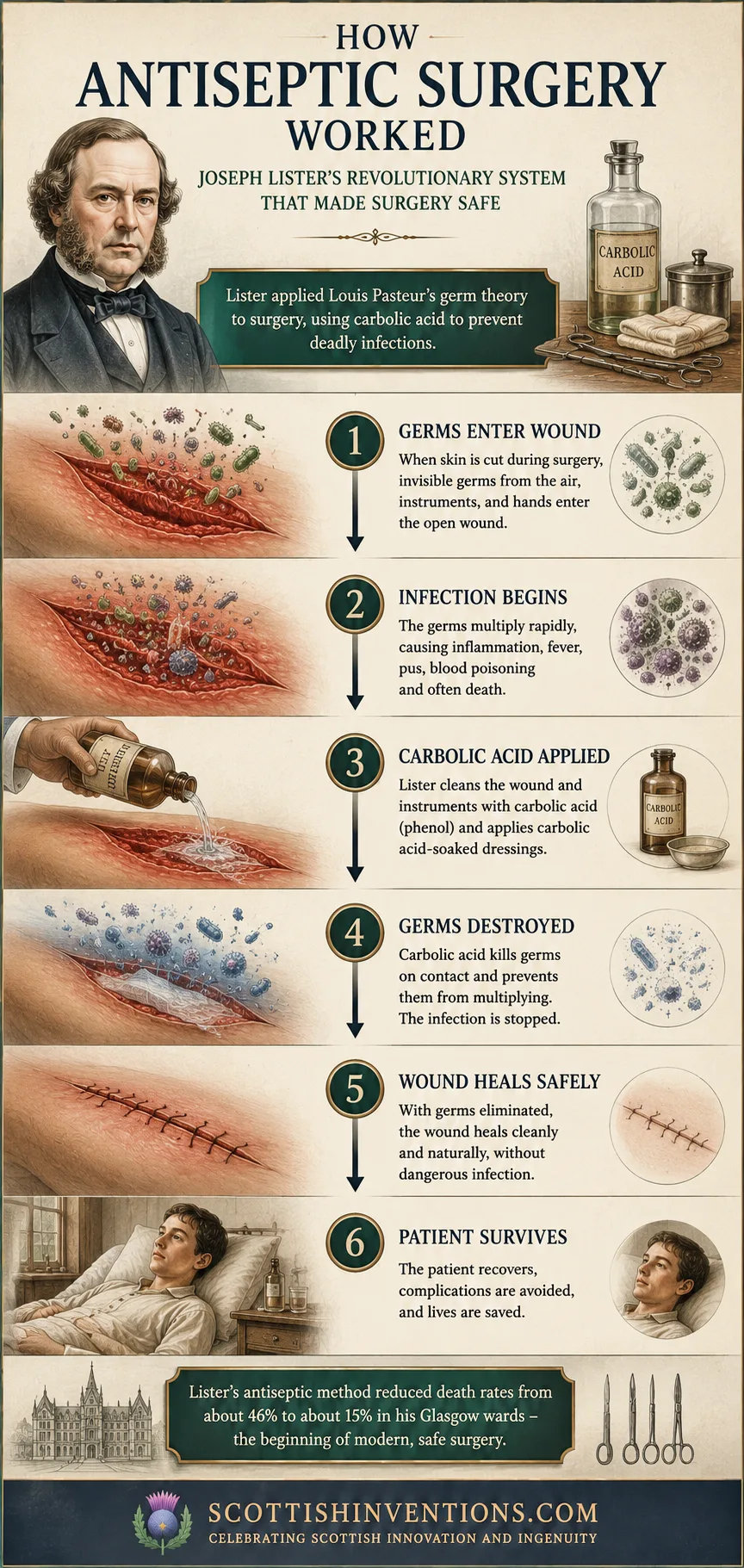 Infographic explaining how Joseph Lister's antiseptic surgery prevented infection