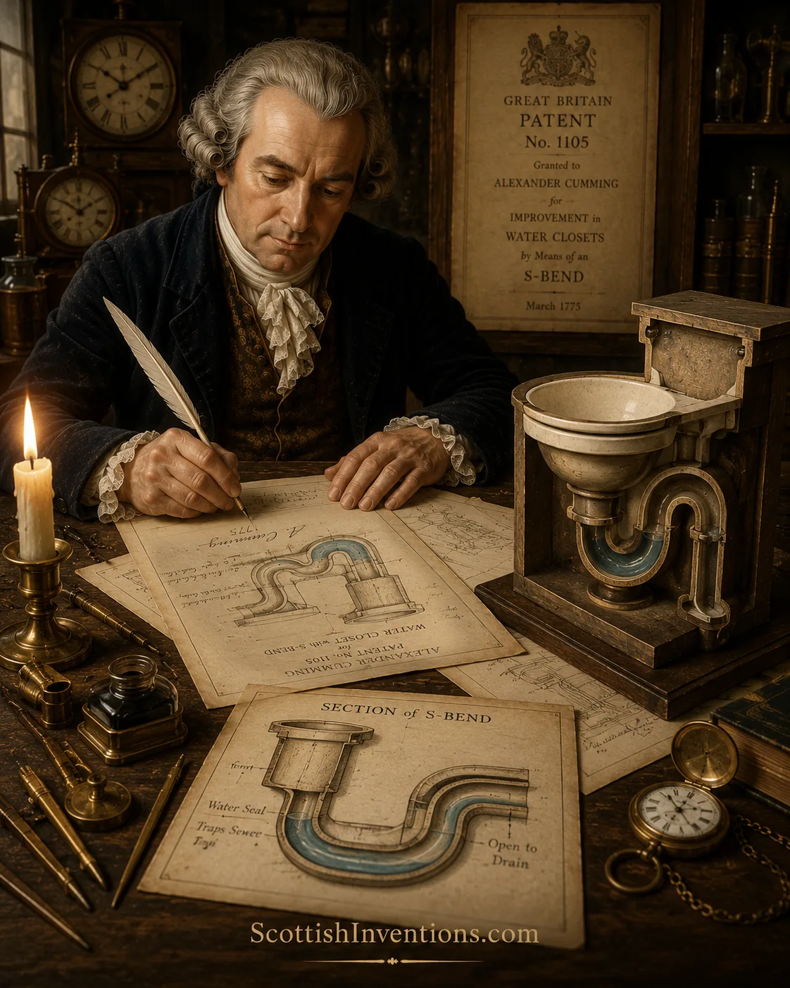 Alexander Cumming designing the revolutionary S-bend water trap for British Patent No. 1105