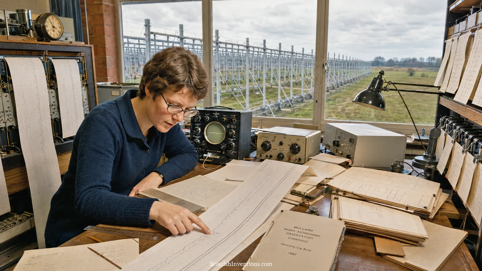 Historical reconstruction of Jocelyn Bell Burnell analysing chart recordings at the Mullard Radio Astronomy Observatory, Cambridge, 1967.