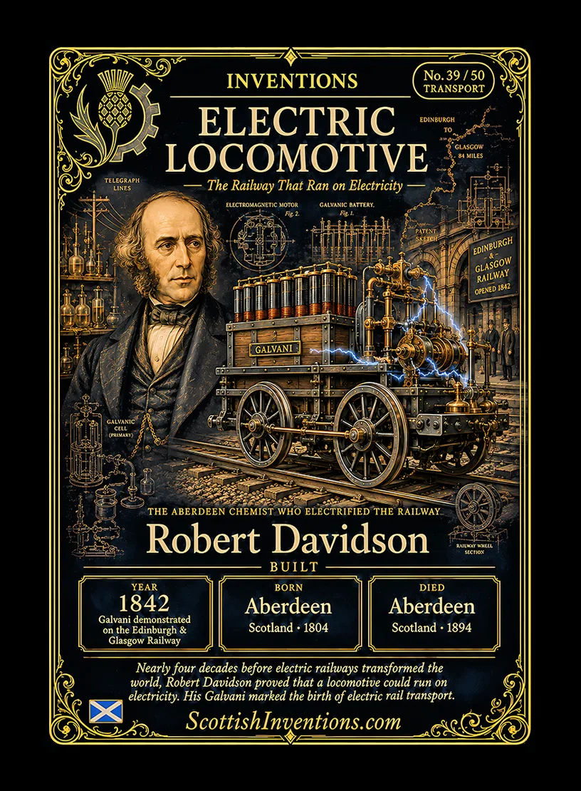 Electric Locomotive / Electric Locomotive Back — Scottish Inventions Collection Electric Locomotive collectible card — Robert Davidson, born Aberdeen Scotland 1804, died Aberdeen Scotland 1894, builder of the world's first known electric railway locomotive, demonstrated on the Edinburgh & Glasgow Railway in 1842, Scottish Inventions Collection No. 39 of 50.