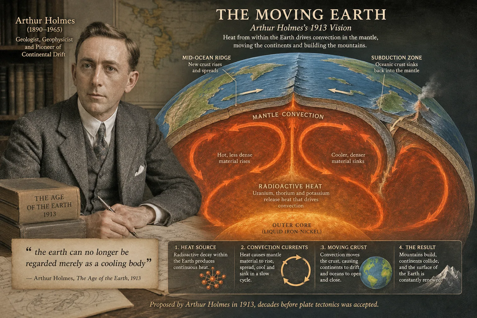 Cutaway diagram of the Earth showing radioactive heat driving mantle convection and continental drift