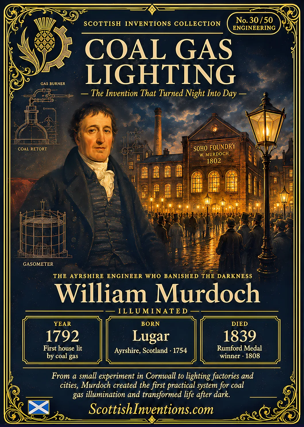 Coal Gas Lighting — Scottish Inventions Collection Coal Gas Lighting collectible card featuring Scottish engineer William Murdoch, who created the first practical coal gas lighting system in 1792, illuminating factories, streets and cities during the Industrial Revolution, Scottish Inventions Collection No. 30 of 50