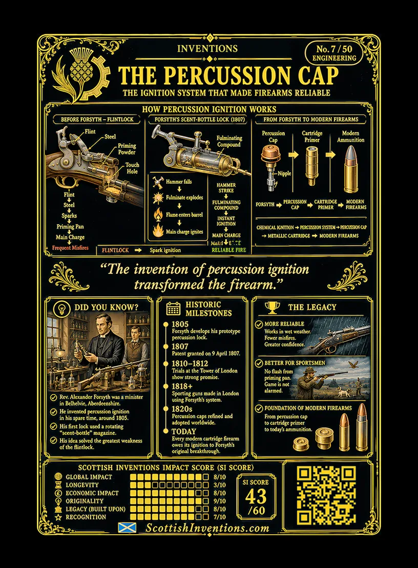 The Percussion Cap / The Percussion Cap Back back — Scottish Inventions Collection The Percussion Cap reverse card showing percussion ignition operation, Alexander John Forsyth timeline, scent-bottle lock development, and explanation of how percussion systems replaced flintlocks across military and sporting firearms.