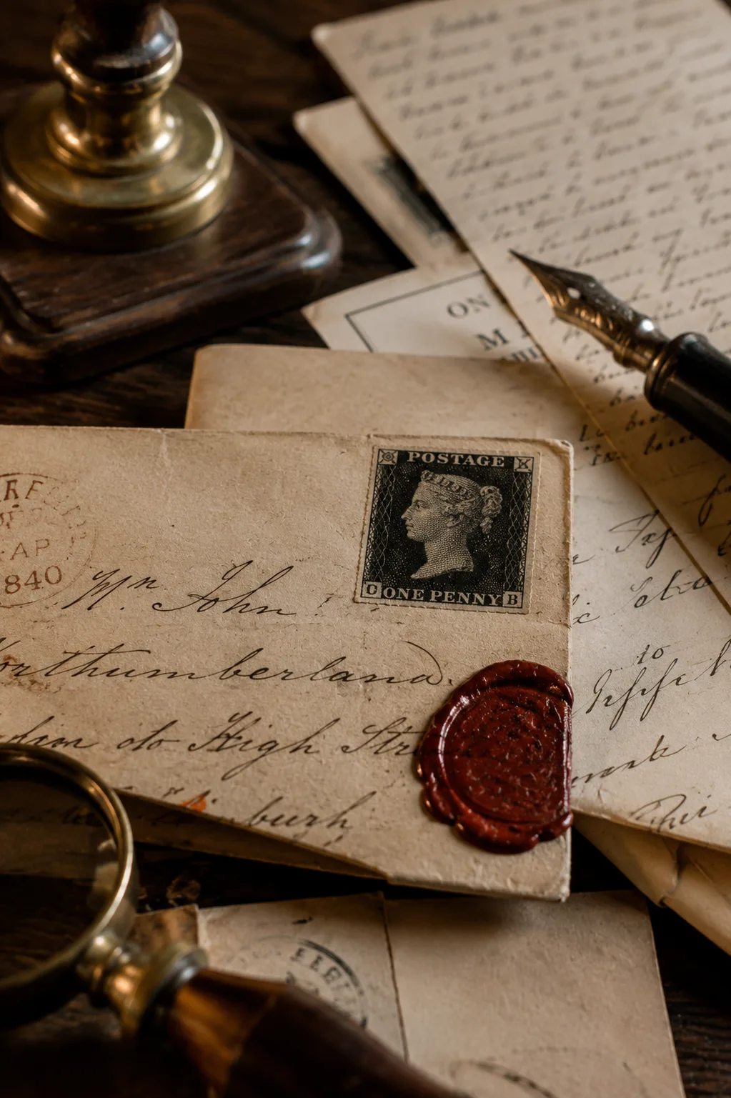 The Penny Black attached to an envelope beside Victorian correspondence