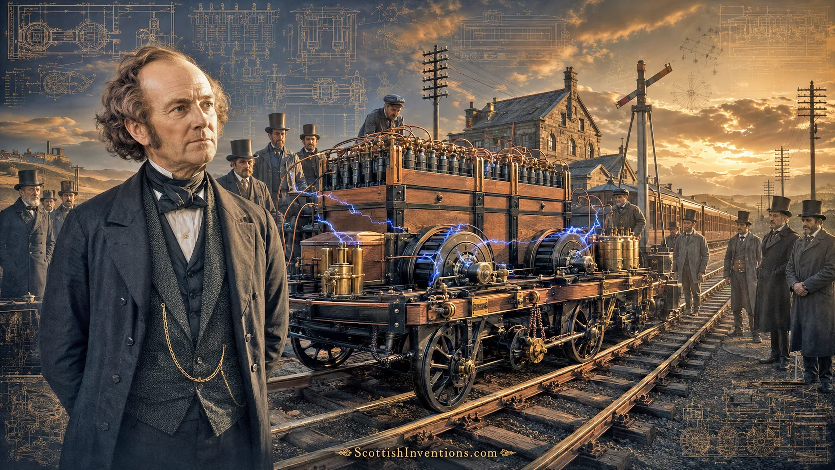 Robert Davidson & the Galvani Electric Locomotive — Edinburgh & Glasgow Railway, 1842 Robert Davidson beside the Galvani electric locomotive, the world's first electric railway locomotive, demonstrated on the Edinburgh and Glasgow Railway in 1842.