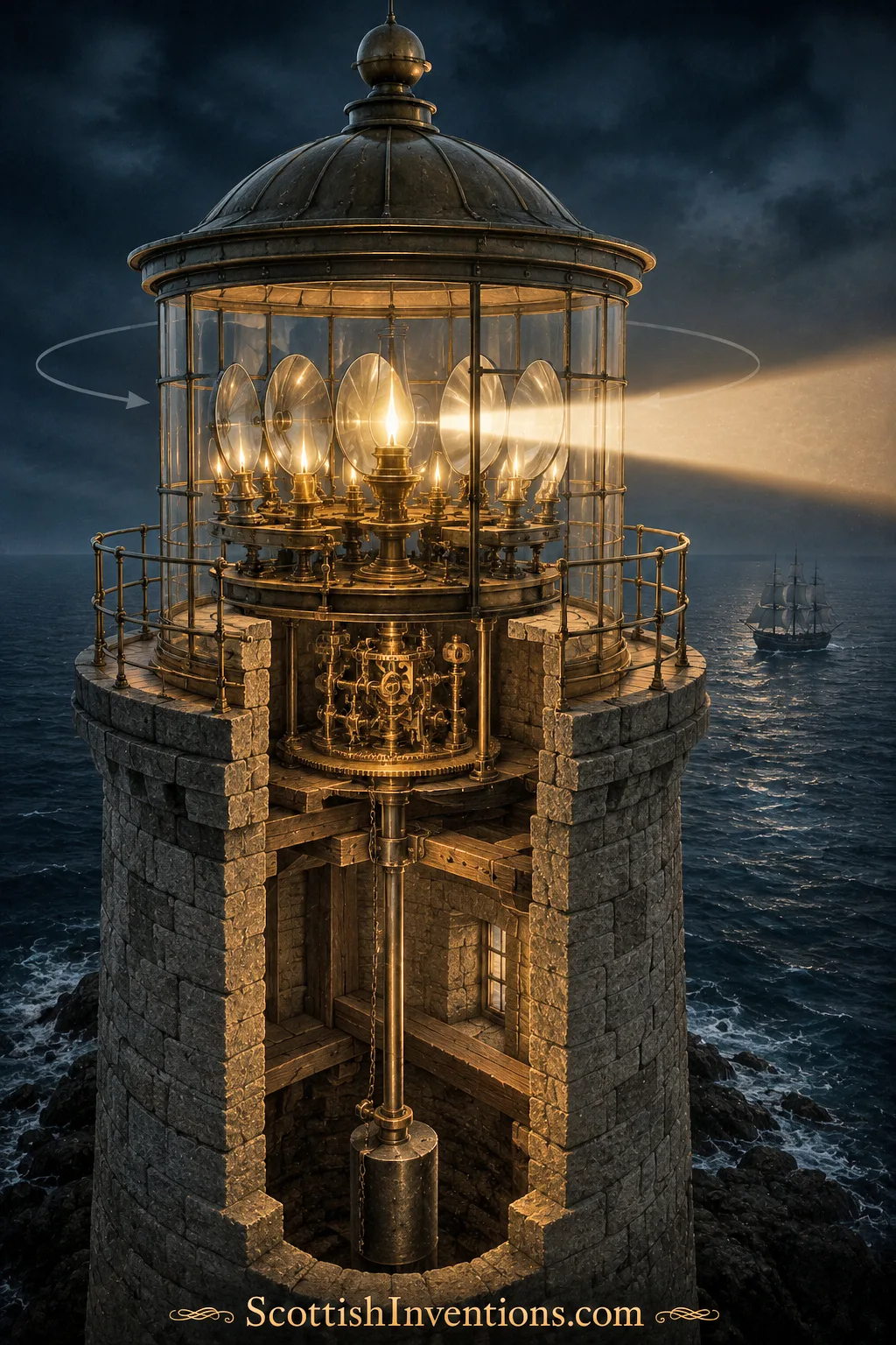 Bell Rock Lighthouse Lantern & Revolving Mechanism Cutaway view of a nineteenth-century lighthouse lantern showing Robert Stevenson's reflector and revolving light mechanism.