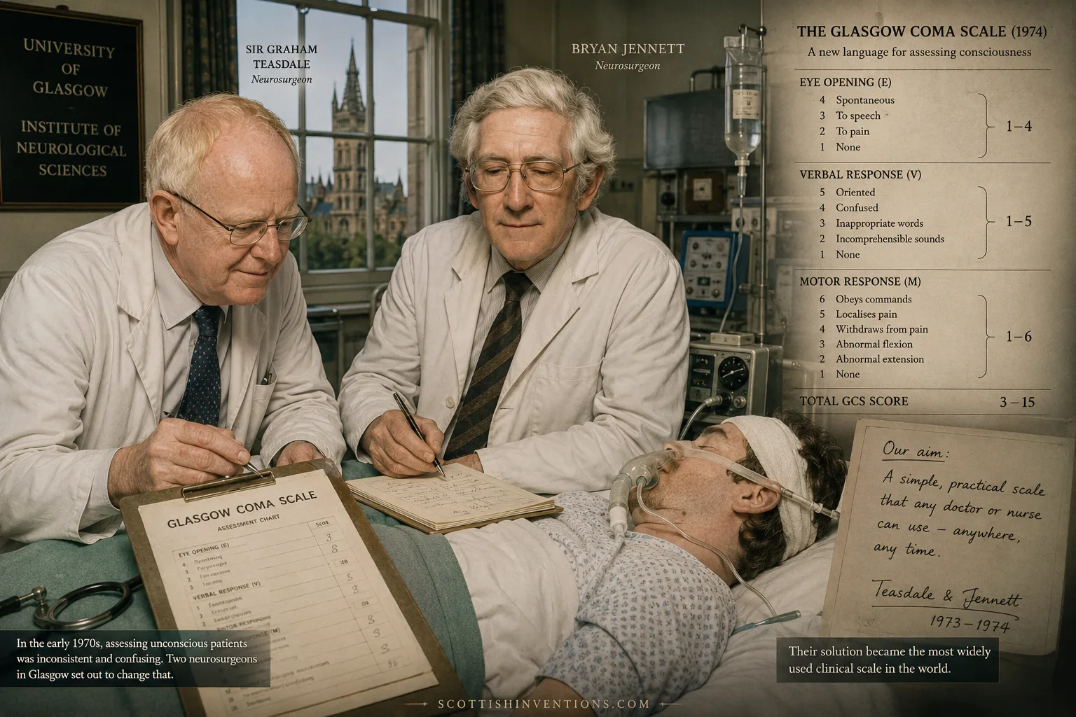 Sir Graham Teasdale and Bryan Jennett at Glasgow's Institute of Neurological Sciences with the original Glasgow Coma Scale chart