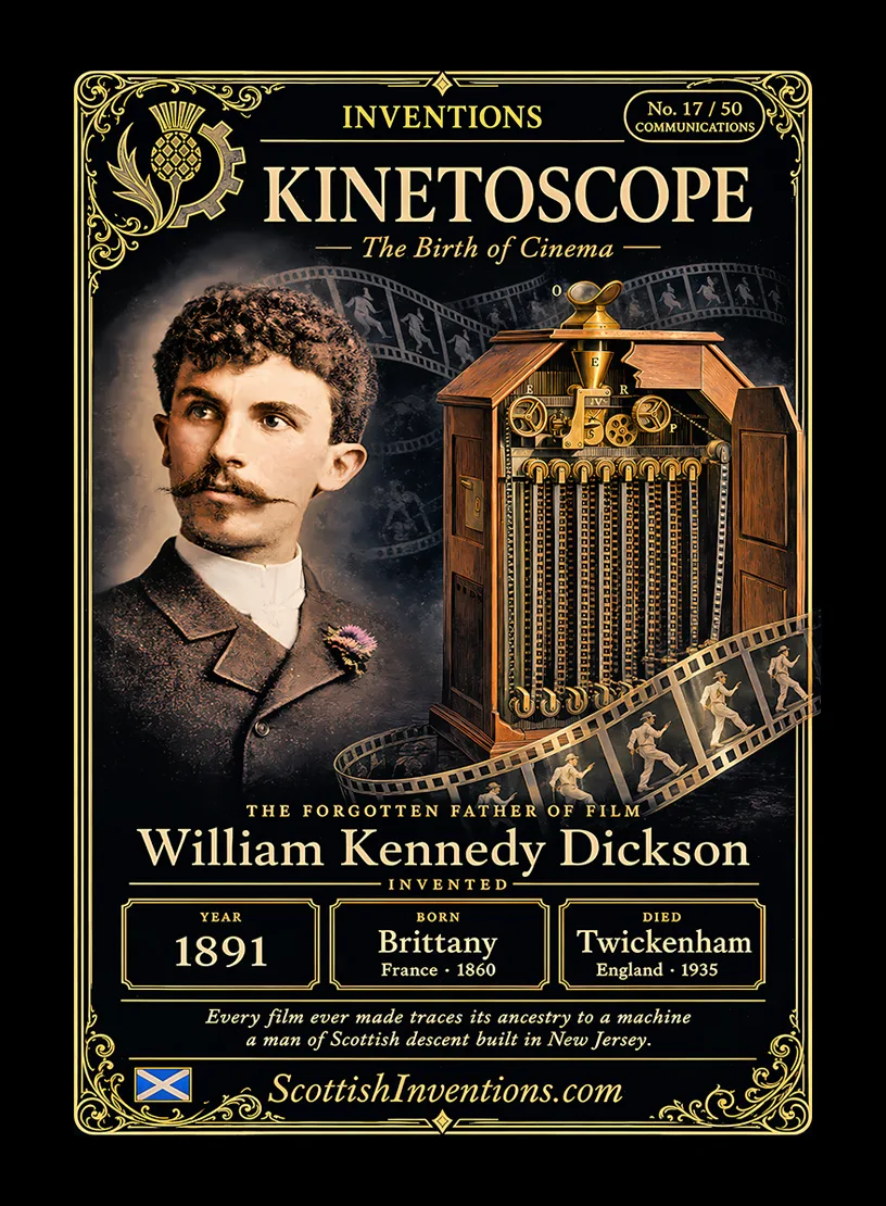 Kinetoscope — Scottish Inventions Collection Kinetoscope collectible card — William Kennedy Dickson, born Brittany France 1860, died Twickenham 1935, inventor of the Kinetoscope and the 35mm film format, Scottish Inventions Collection No. 17 of 50