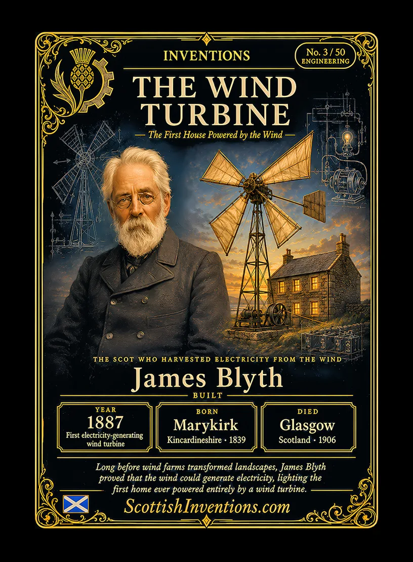 The Wind Turbine / The Wind Turbine Back — Scottish Inventions Collection The Wind Turbine collectible card — James Blyth, born Marykirk Kincardineshire Scotland 1839, died Glasgow Scotland 1906, built the world's first electricity-generating wind turbine in July 1887 and used it to light his cottage at Marykirk, Scottish Inventions Collection No. 3 of 50