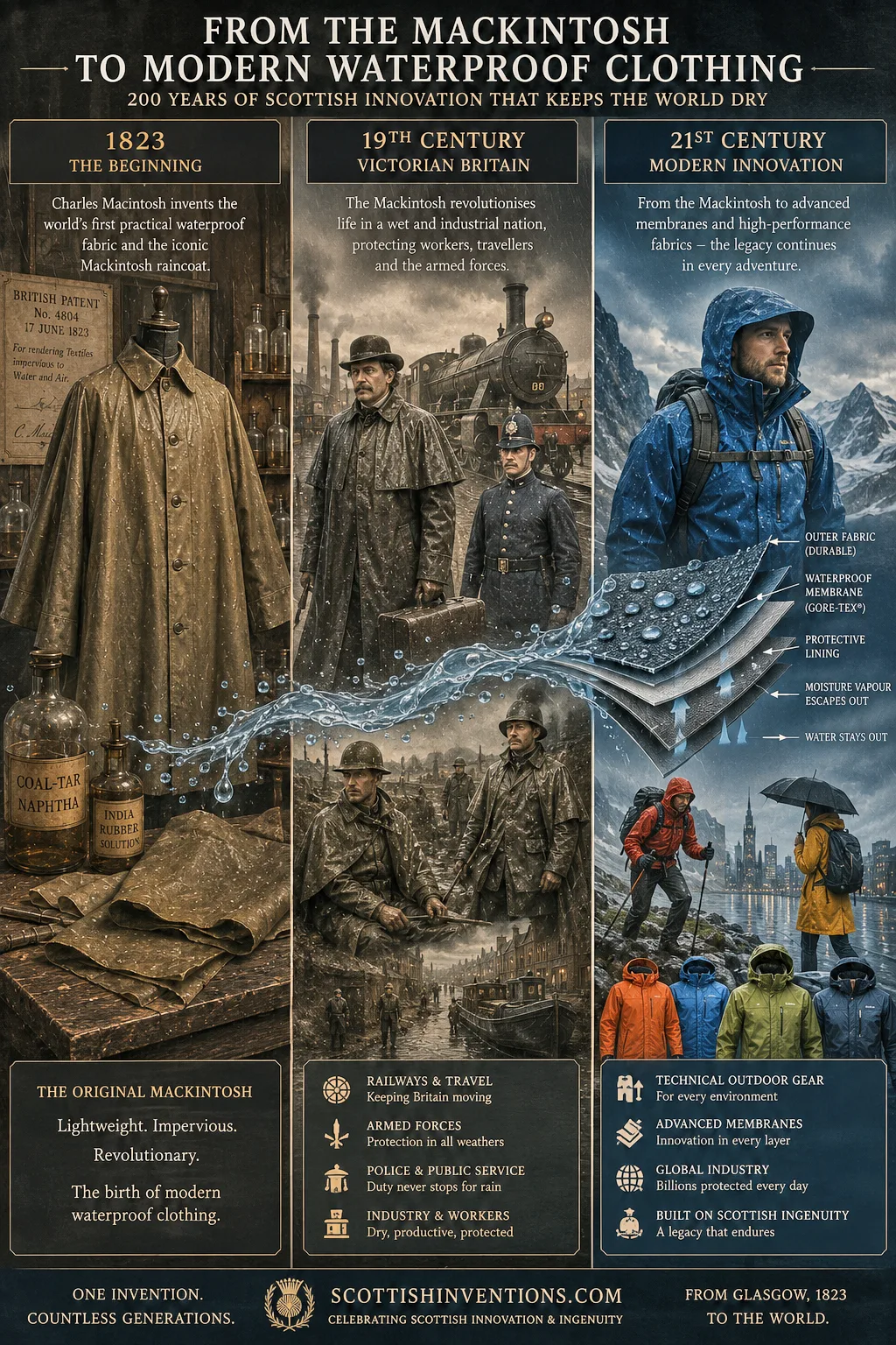 Timeline showing the evolution of Charles Macintosh's waterproof fabric into modern waterproof jackets and outdoor clothing.