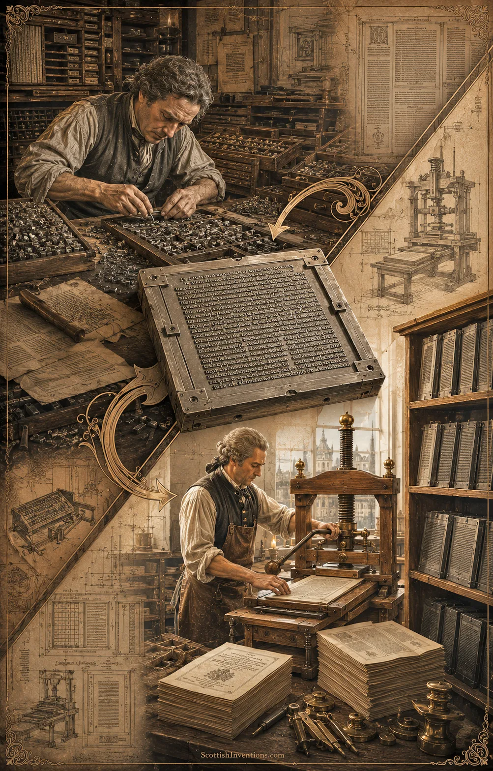 Comparison showing traditional movable type printing beside William Ged's efficient stereotype printing process