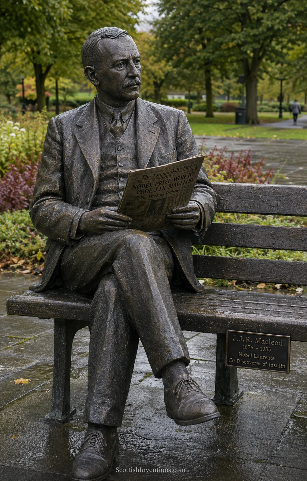 J.J.R. Macleod memorial scene in Aberdeen commemorating the Scottish Nobel laureate's role in the discovery of insulin.