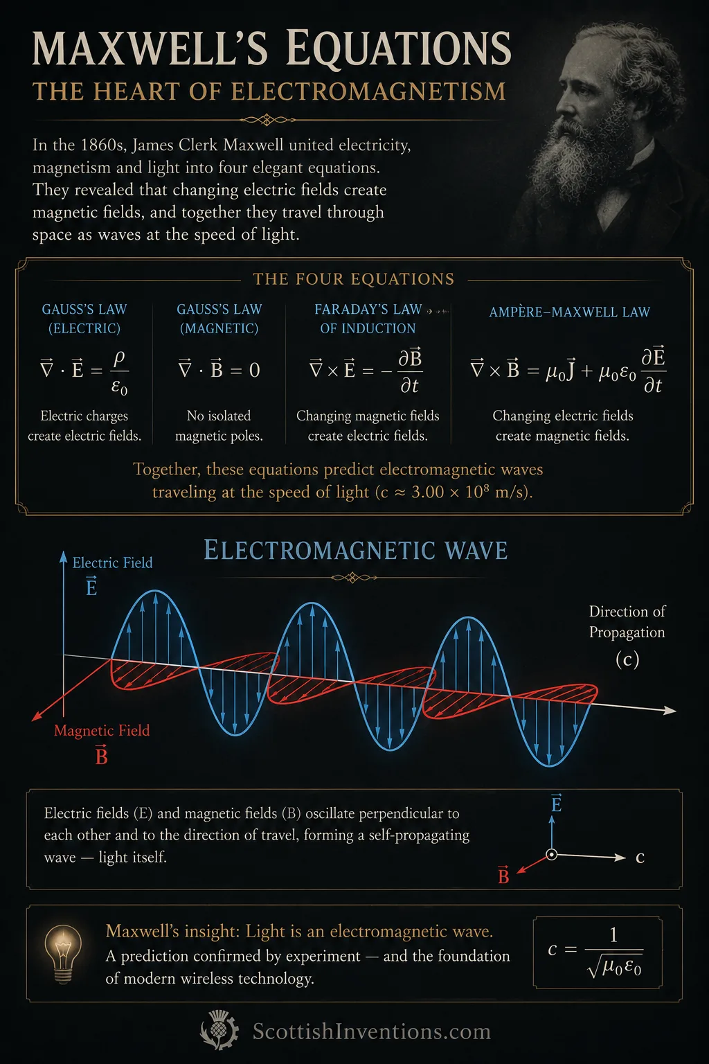 Illustration of Maxwell's equations showing electromagnetic waves formed by electric and magnetic fields.