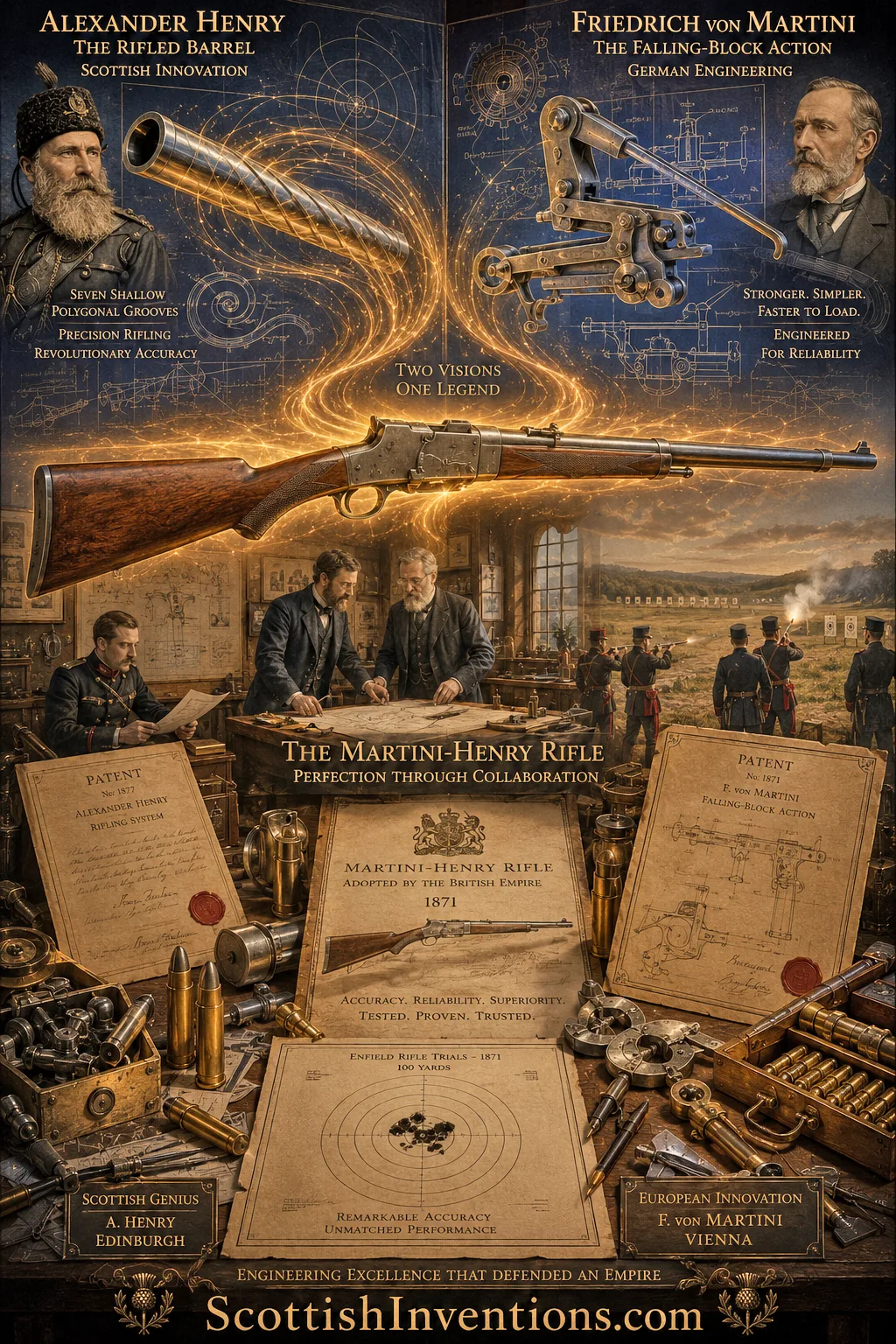 The Martini-Henry — Henry's rifled barrel married to Martini's falling-block action Illustration showing Alexander Henry's rifled barrel combined with Friedrich von Martini's falling-block action
