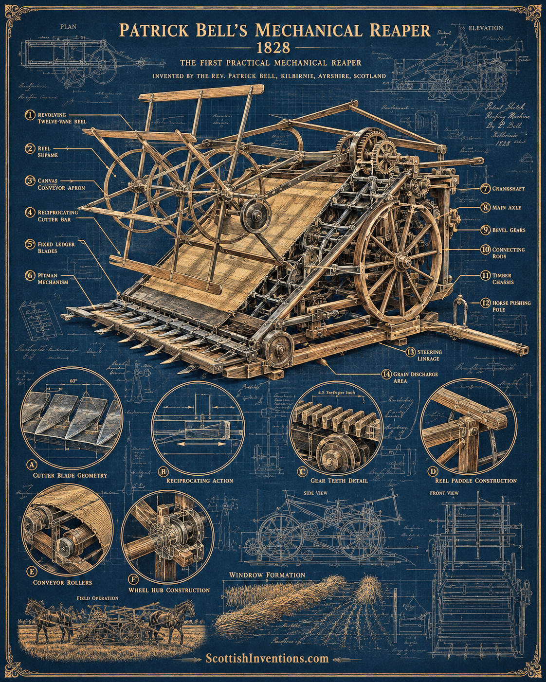 Patrick Bell's 1828 Reaping Machine — Engineering Blueprint Detailed blueprint showing the components of Patrick Bell's 1828 mechanical reaping machine.