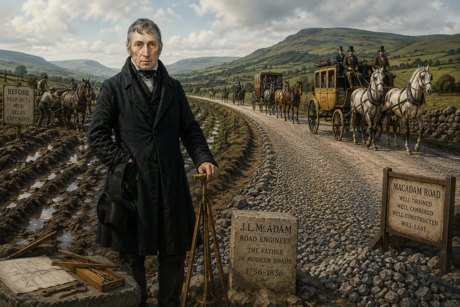 John Loudon McAdam beside an early macadam road in Scotland