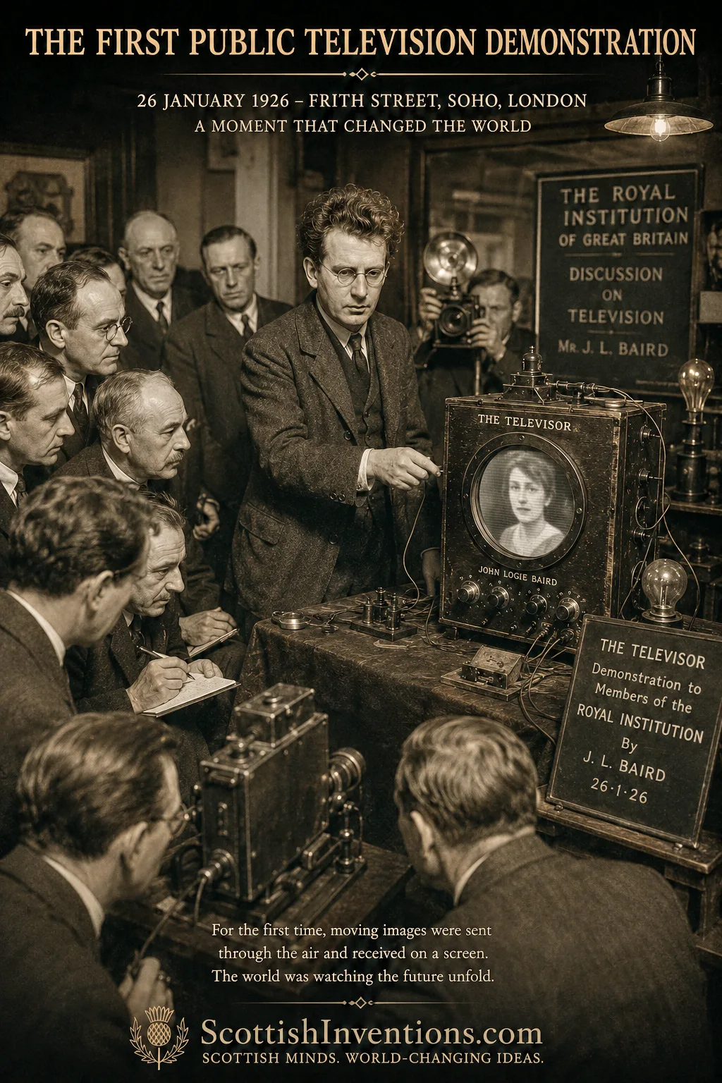 The first public television demonstration — John Logie Baird showing The Televisor to members of the Royal Institution on 26 January 1926 at 22 Frith Street, Soho, London